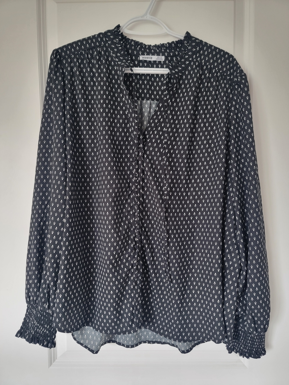 Devoted Black Printed Long-Sleeve Smocked-Neck Blouse